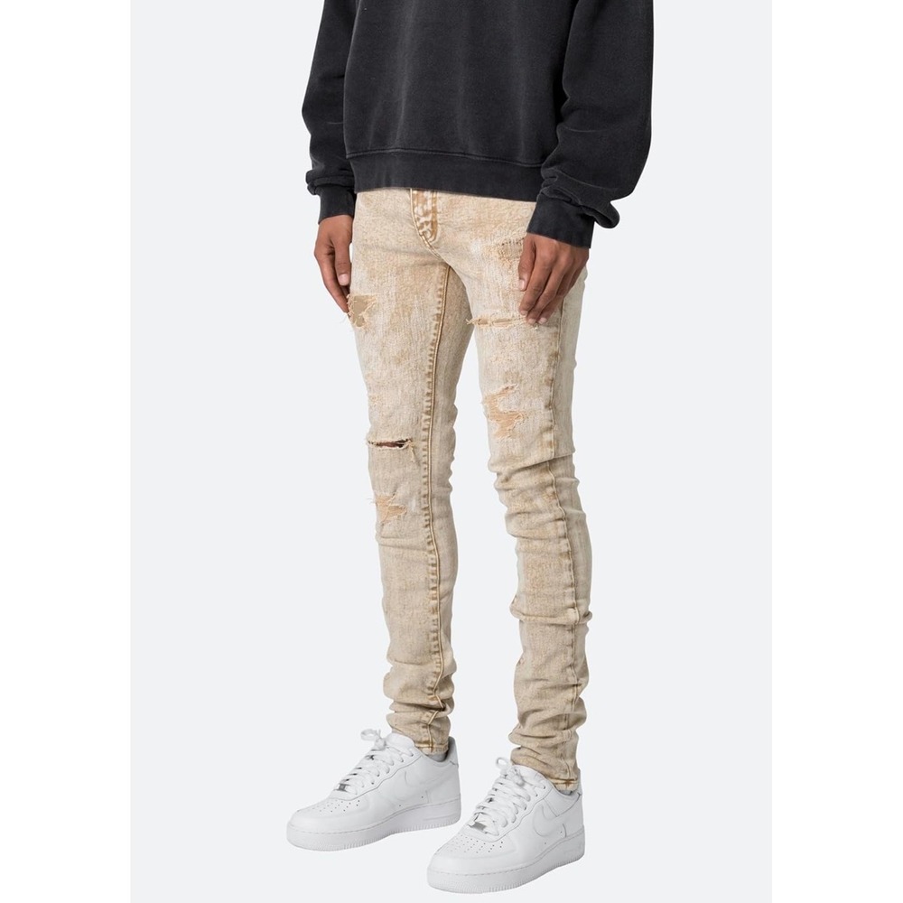 MNML X369 Stretch Skinny Denim Tinted Khaki Distressed Men Jeans 33 Inseam - Picture 2 of 7